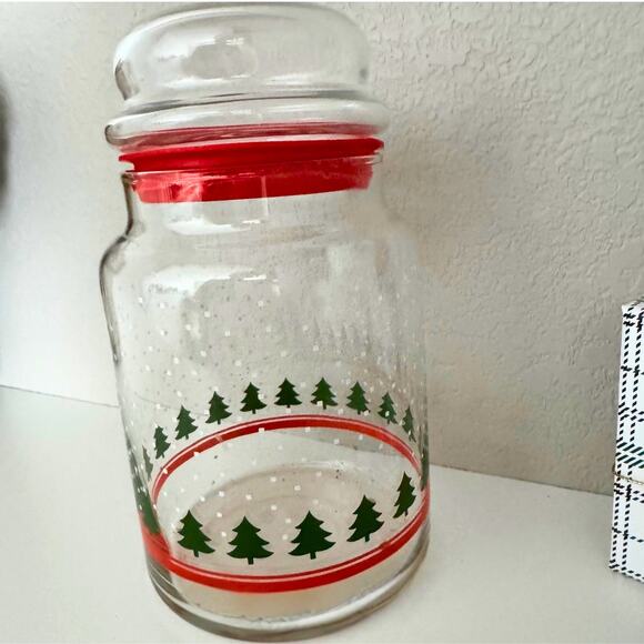 Vintage Christmas Tree Glass Canister Jar w/ Red Lid | Holiday Kitchen Decor - Picture 4 of 7